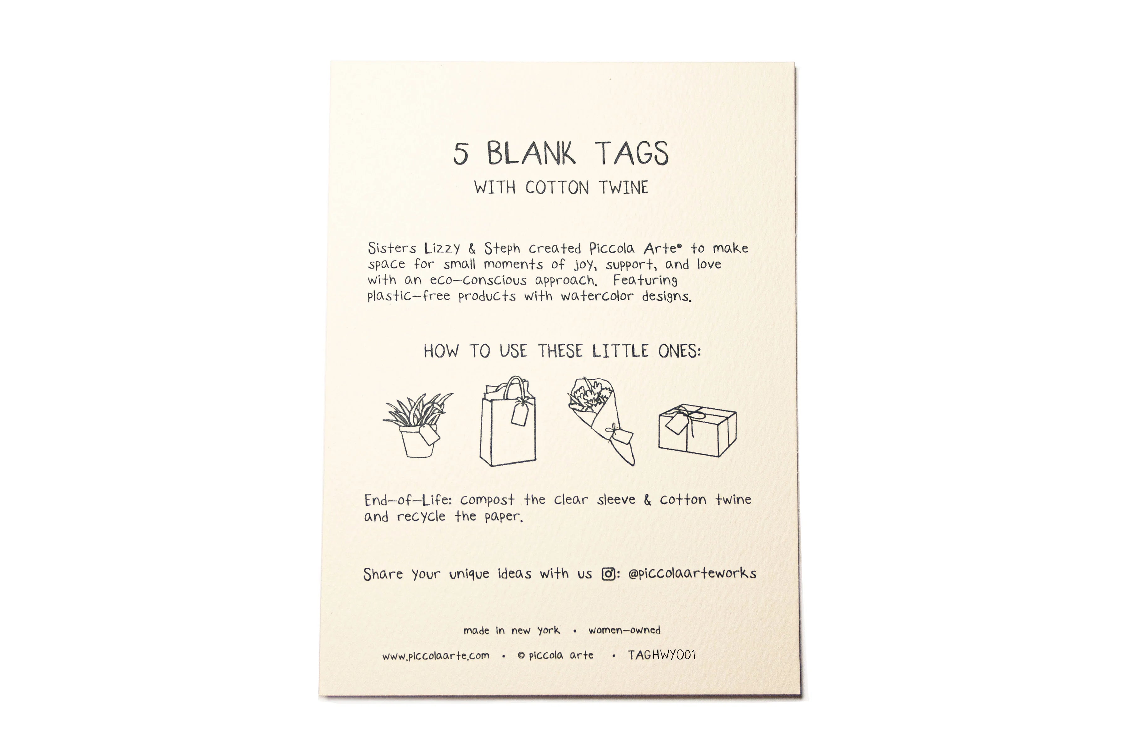 Card with instructions on using five blank tags with cotton twine on a white background