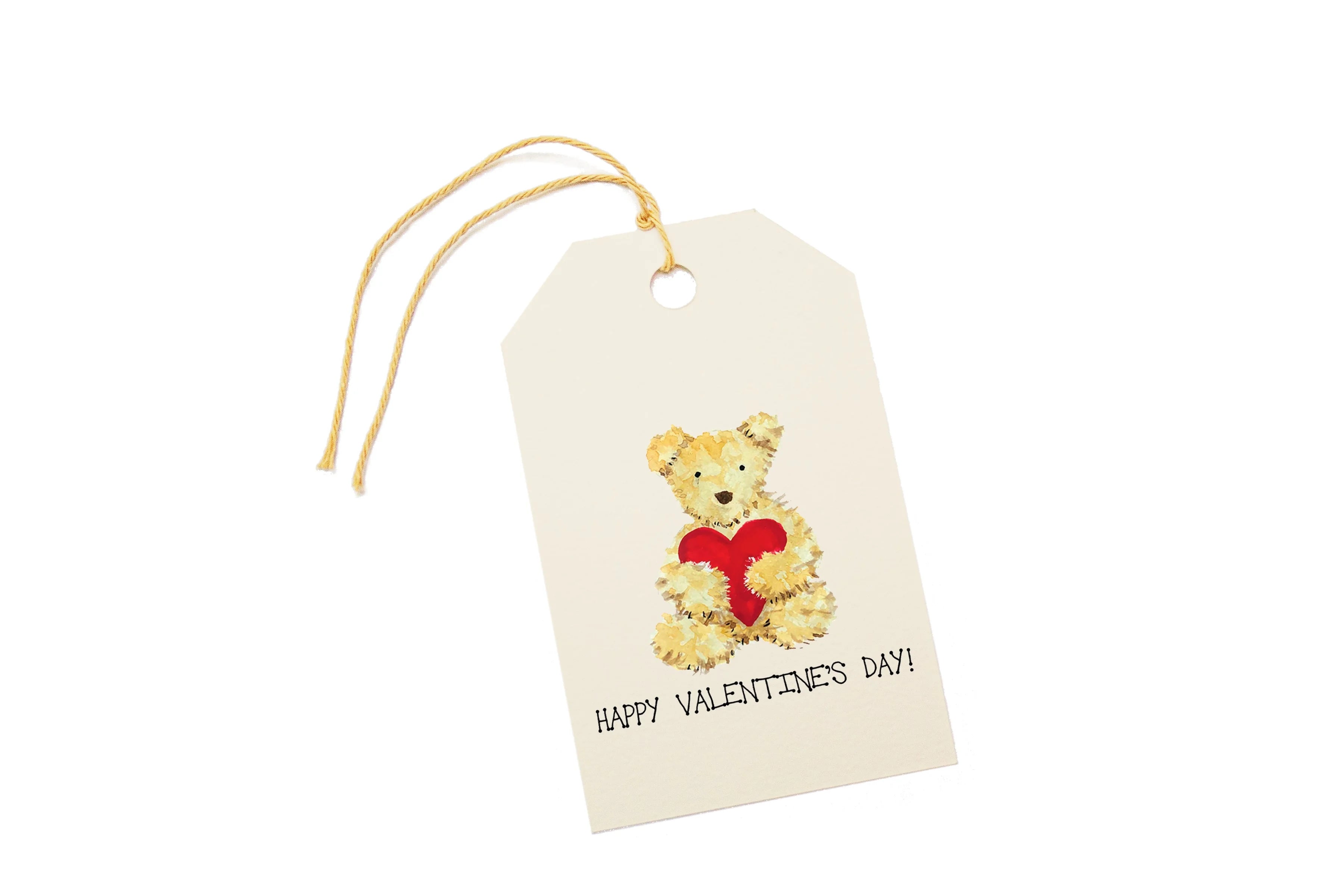 Gift tag with a teddy bear holding a heart and 'Happy Valentine's Day' text on a white background.