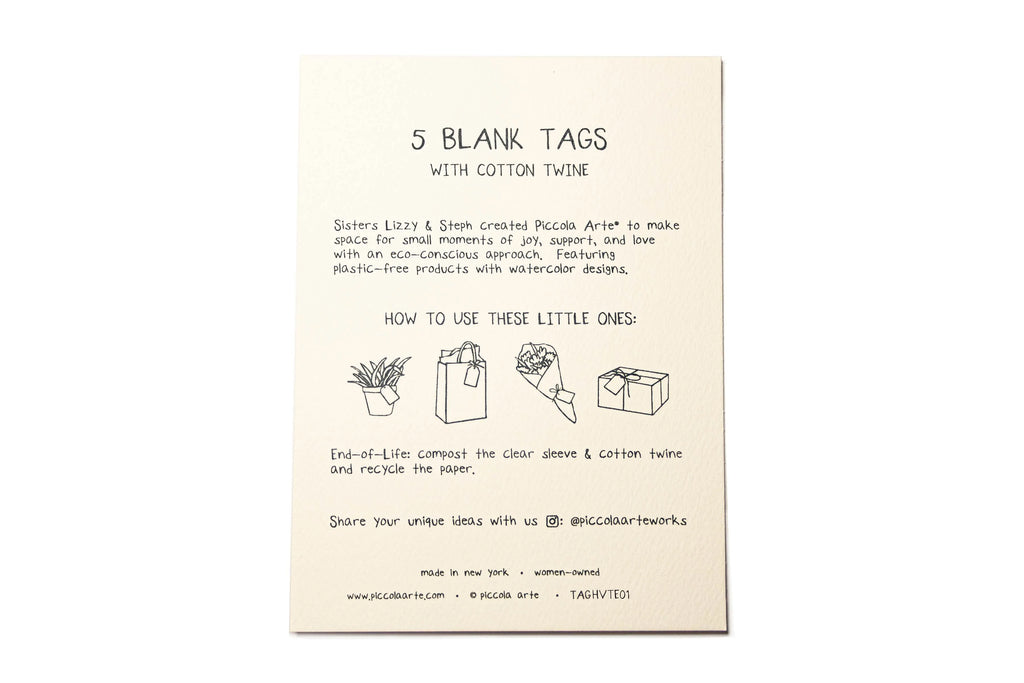 Card with instructions on using five blank tags with cotton twine on a white background.