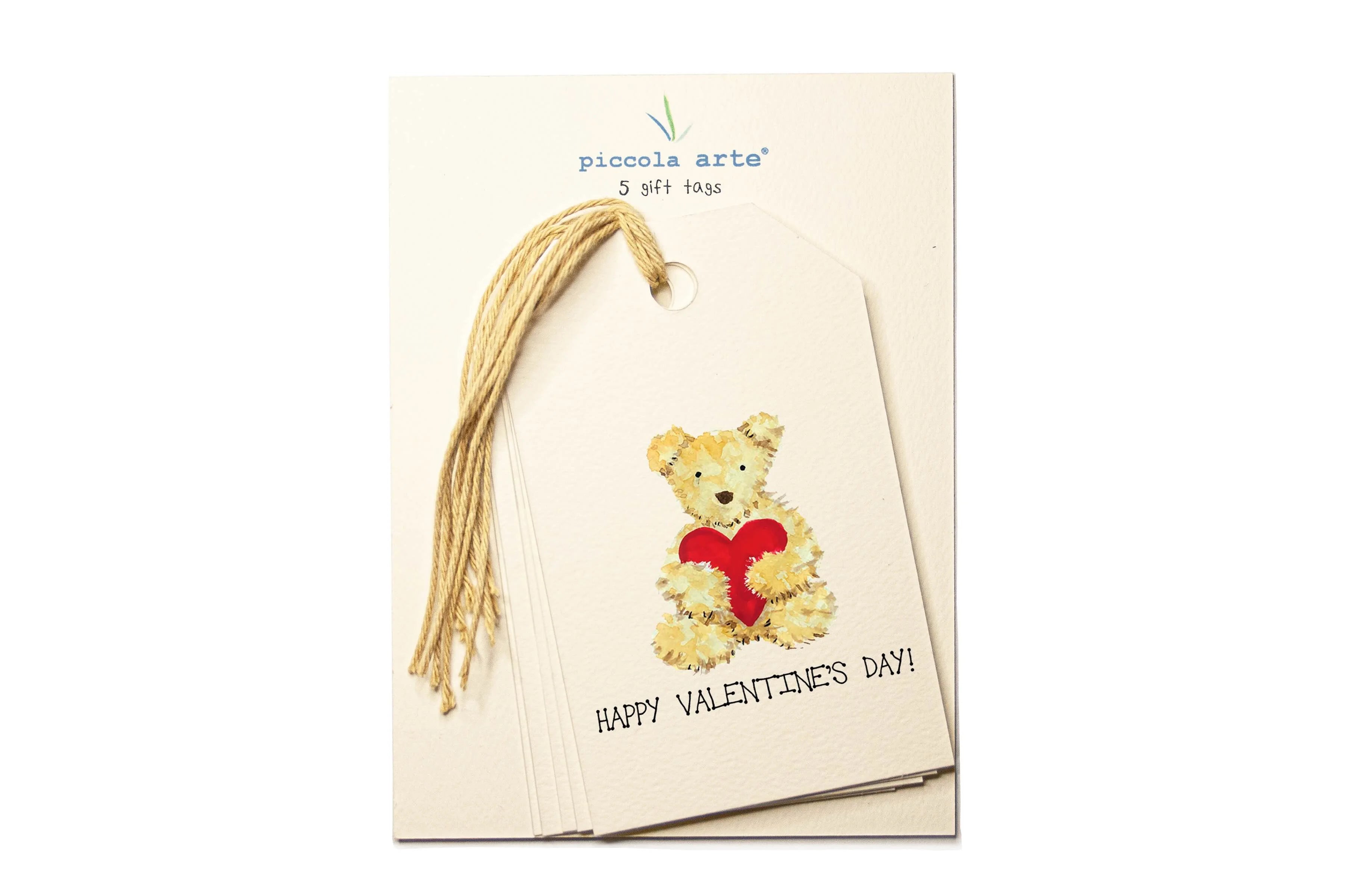 Packaging of Piccola Arte gift tags with a teddy bear holding a heart on a white background