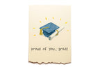 Graduation-themed card with a blue cap and diploma on a beige background with 'proud of you, grad!' text.