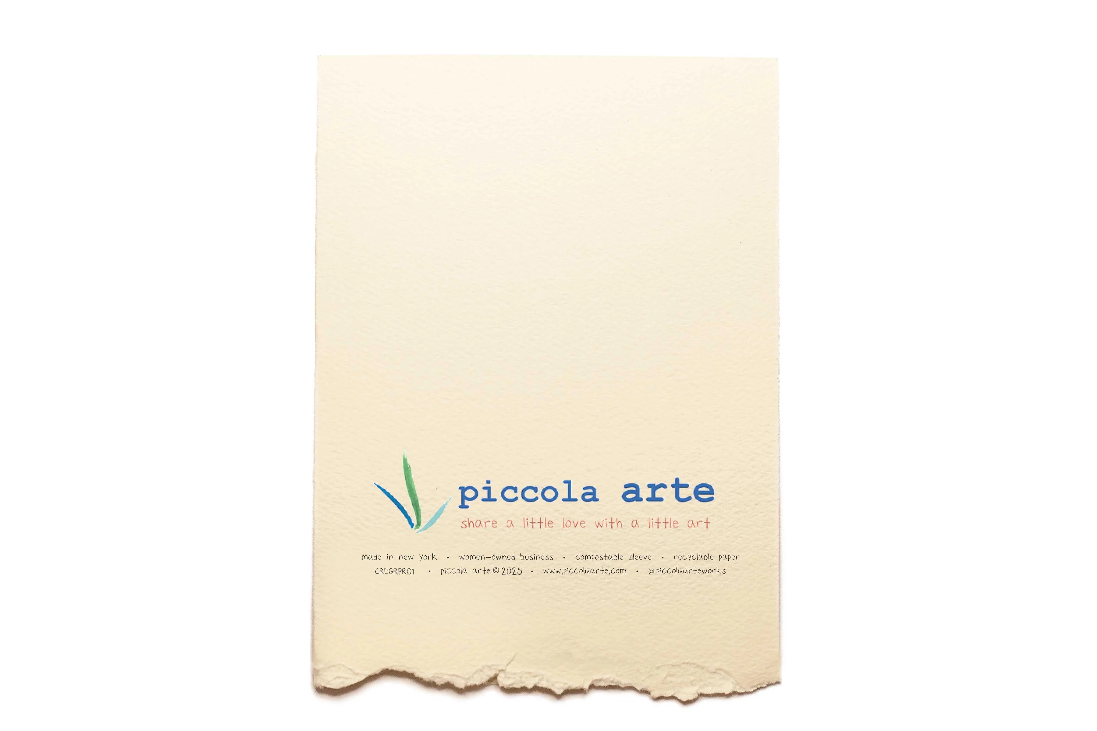 The back of a greeting card from piccola's arte.