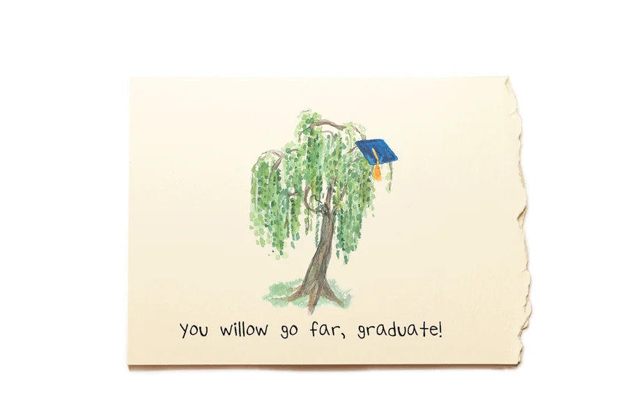 Graduation card with a tree holding a blue graduation cap and text 'you willow go far, graduate!' on a beige background.
