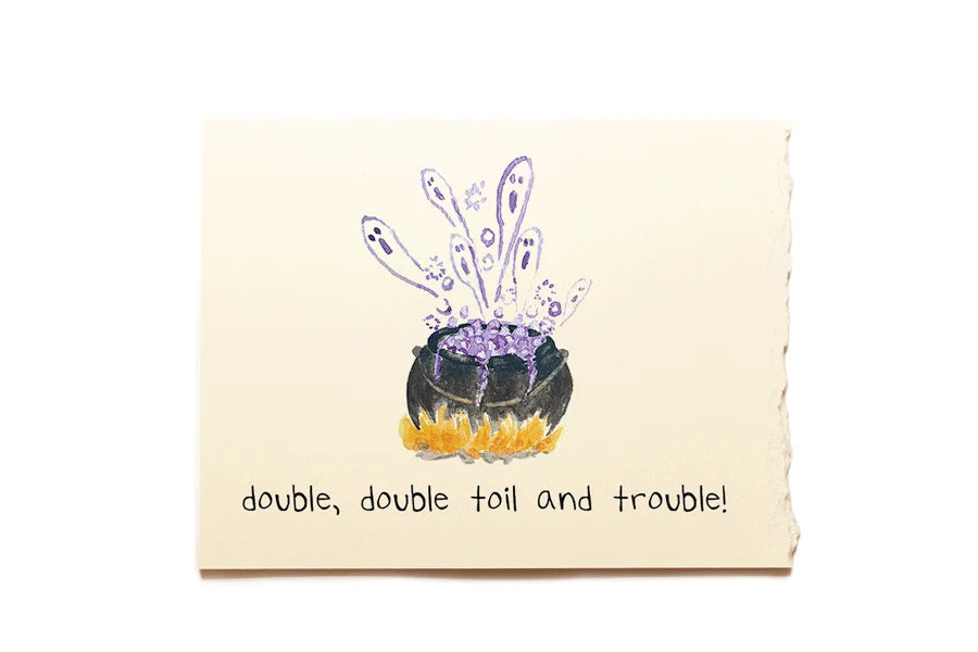 Note card with a potion bottle illustration and text 'double, double toil and trouble!' on a beige background