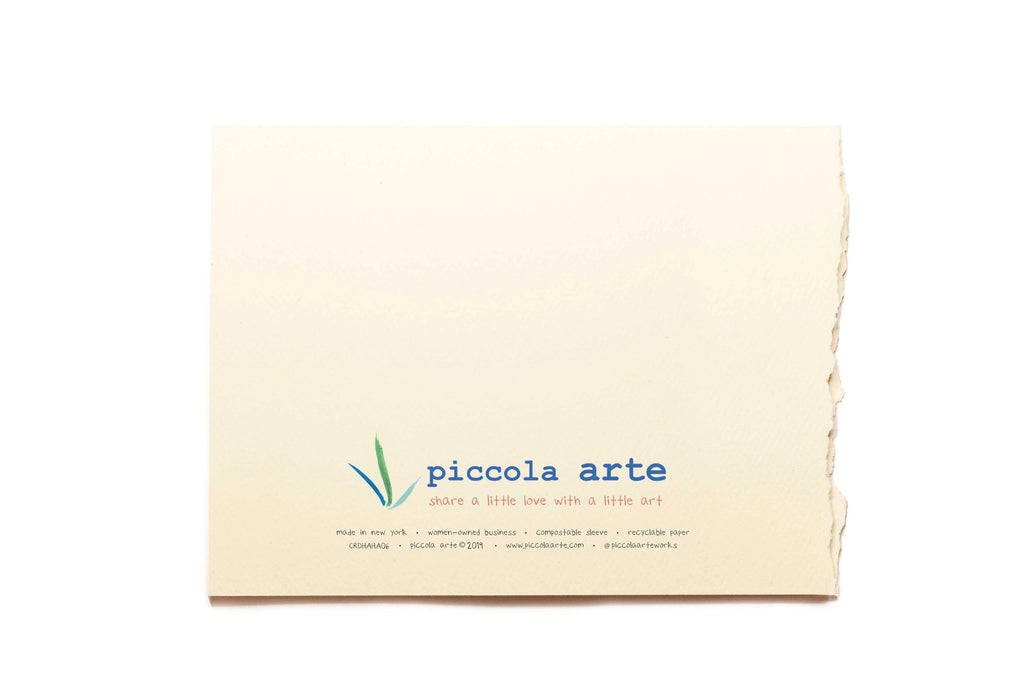The back of a greeting card from piccola's arte.