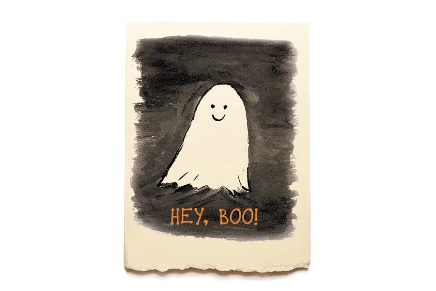 Cartoon ghost with 'Hey, Boo!' text on a beige background
