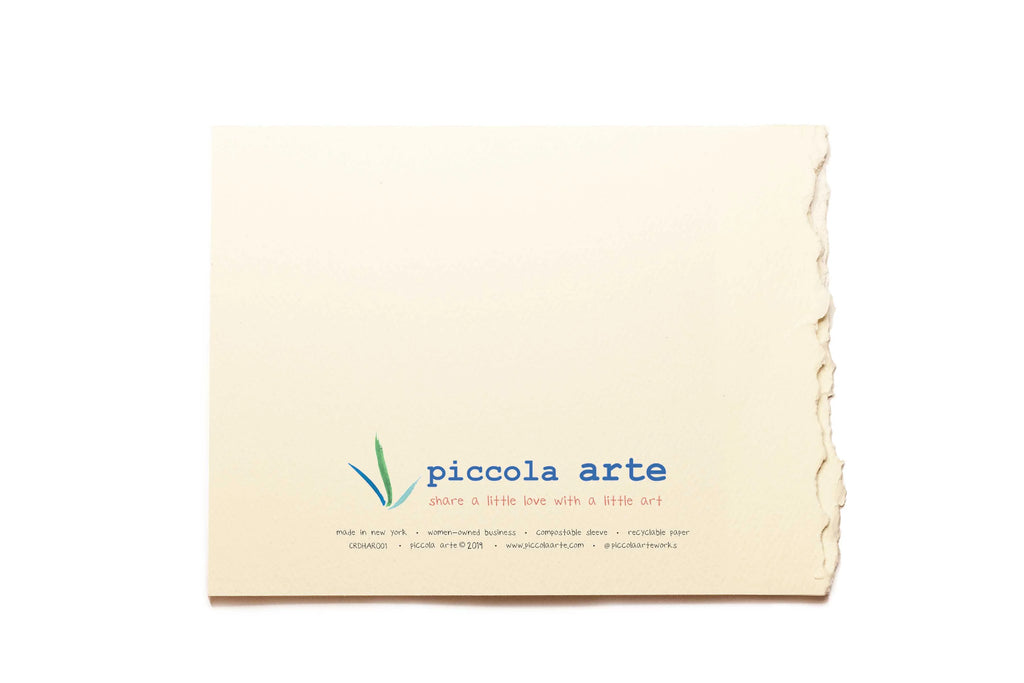 The back of a greeting card from piccola's arte.