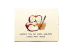 Card with apples and honey jar illustration and New Year's message on a beige background