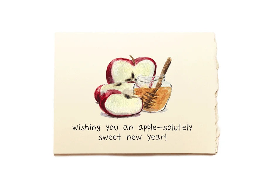 Card with apples and honey jar illustration and New Year's message on a beige background