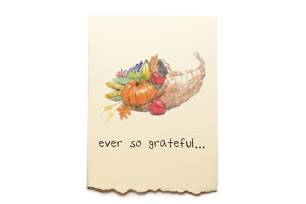 Card with a cornucopia illustration and 'ever so grateful...' text on a beige background