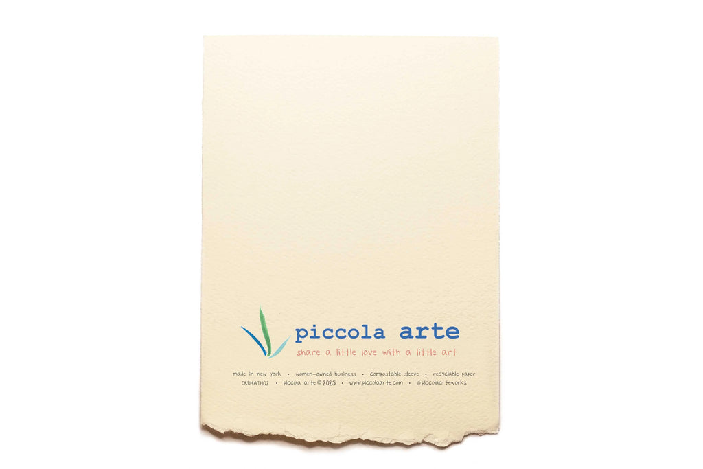 The back of a greeting card from piccola's arte.