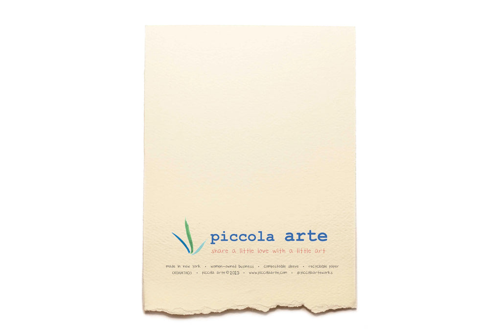 The back of a greeting card from piccola's arte.