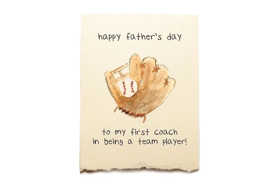 Father's Day card with a baseball glove and ball, featuring text.