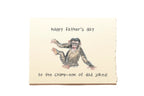Father's Day card with a drawing of a monkey and text on a beige background