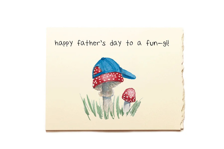 Father's Day card with mushrooms wearing hats on a beige background