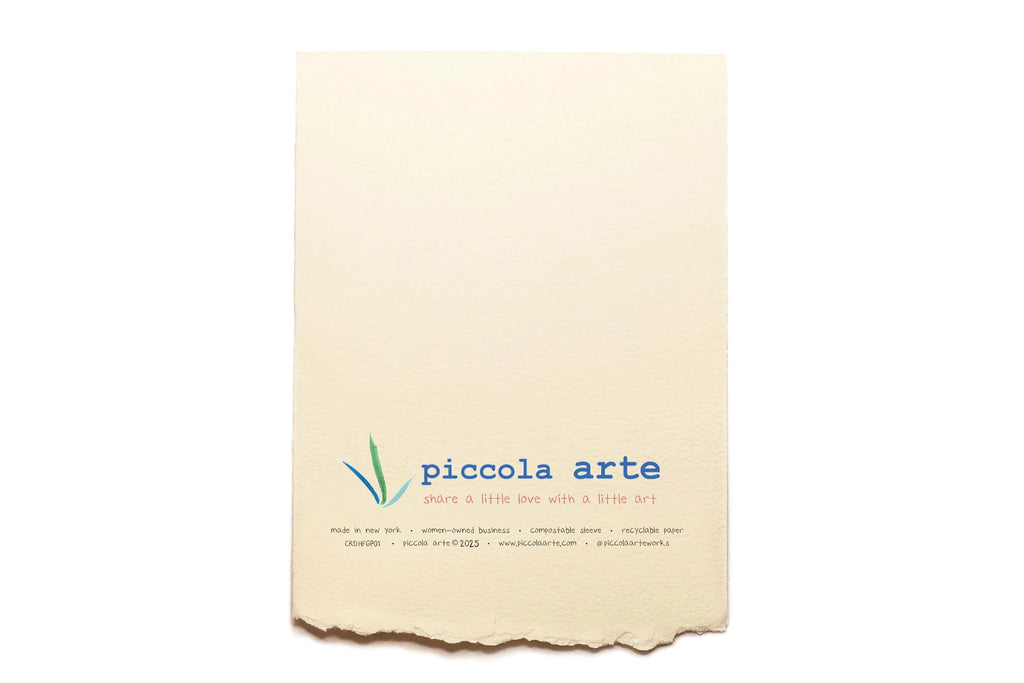 The back of a greeting card from piccola's arte.