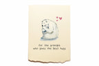 Card with a polar bear illustration and text on a beige background