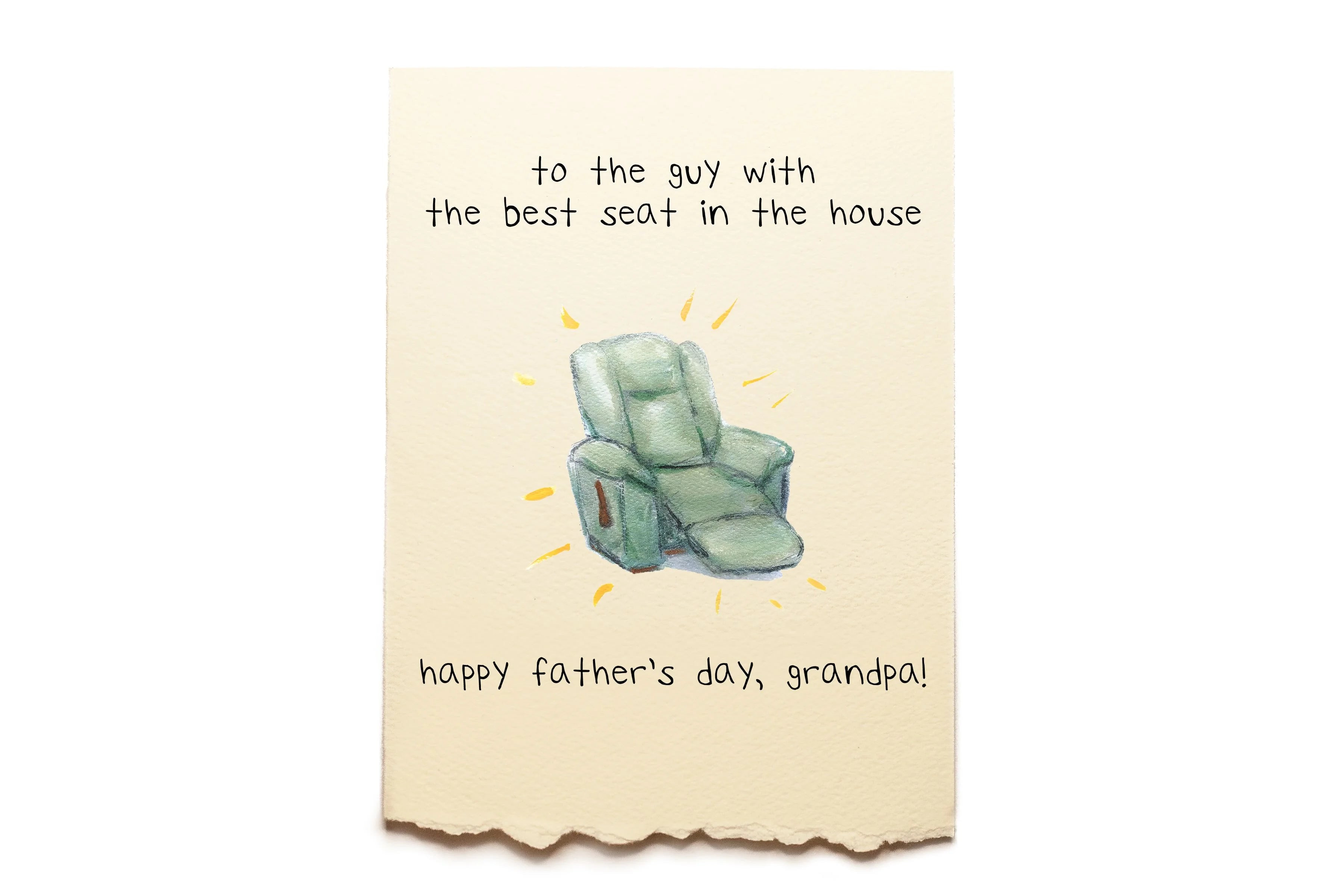 Father's Day card with a green chair illustration and text on a beige background
