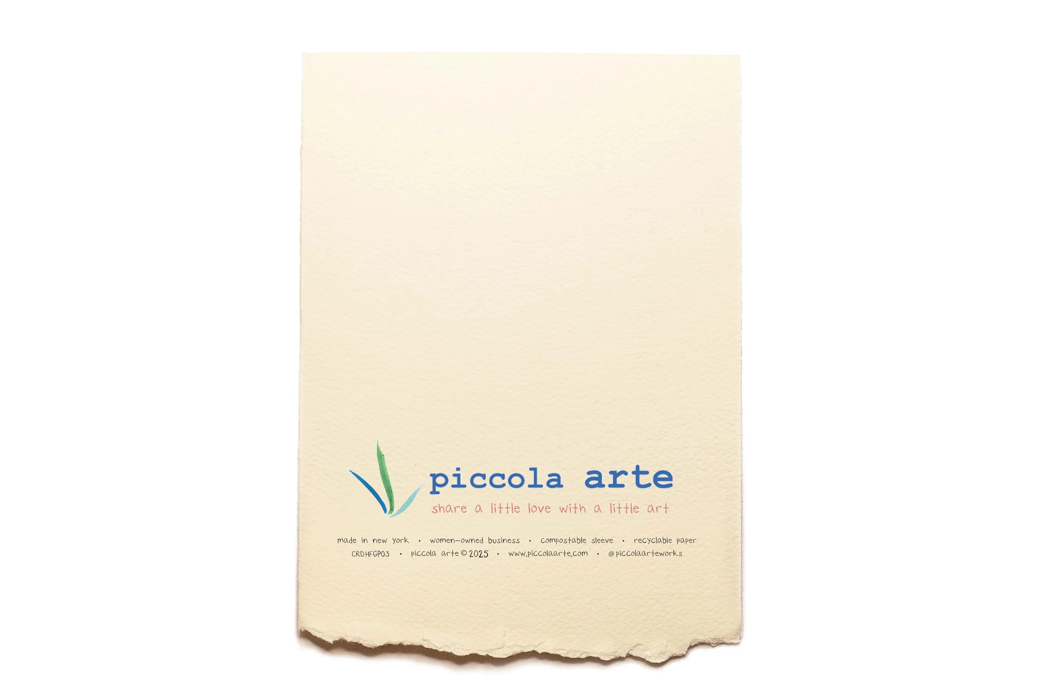 The back of a greeting card from piccola's arte.