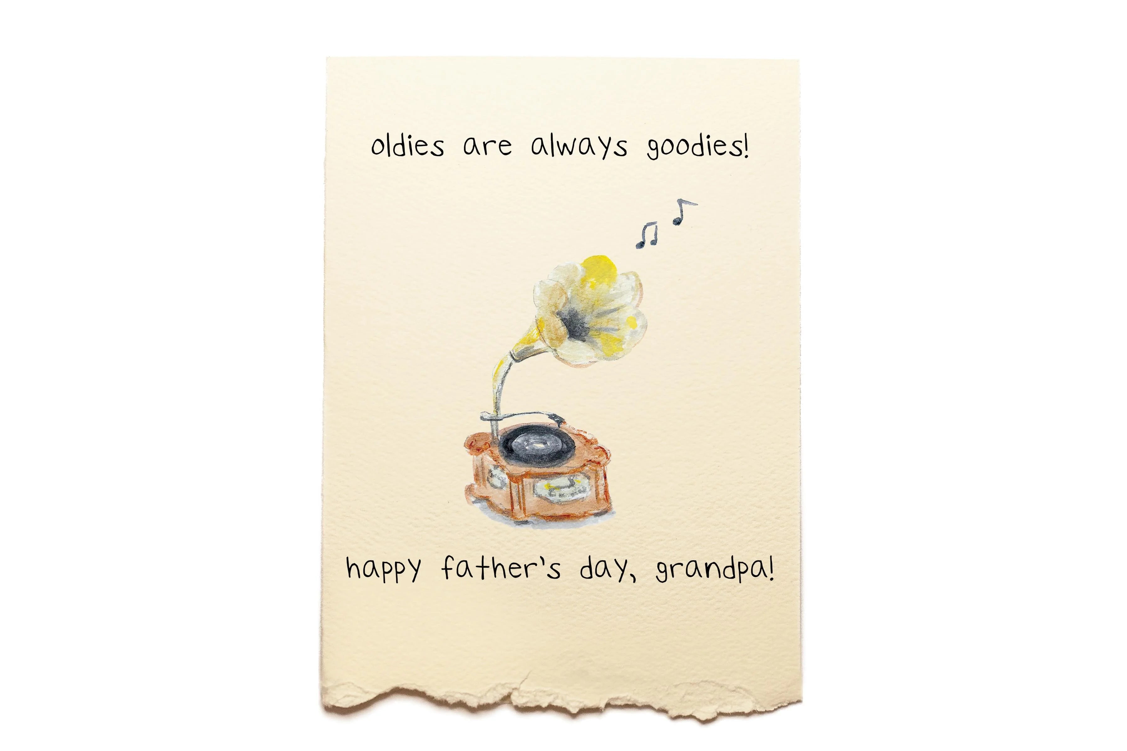 Father's Day card with a record player and flower illustration on a beige background.