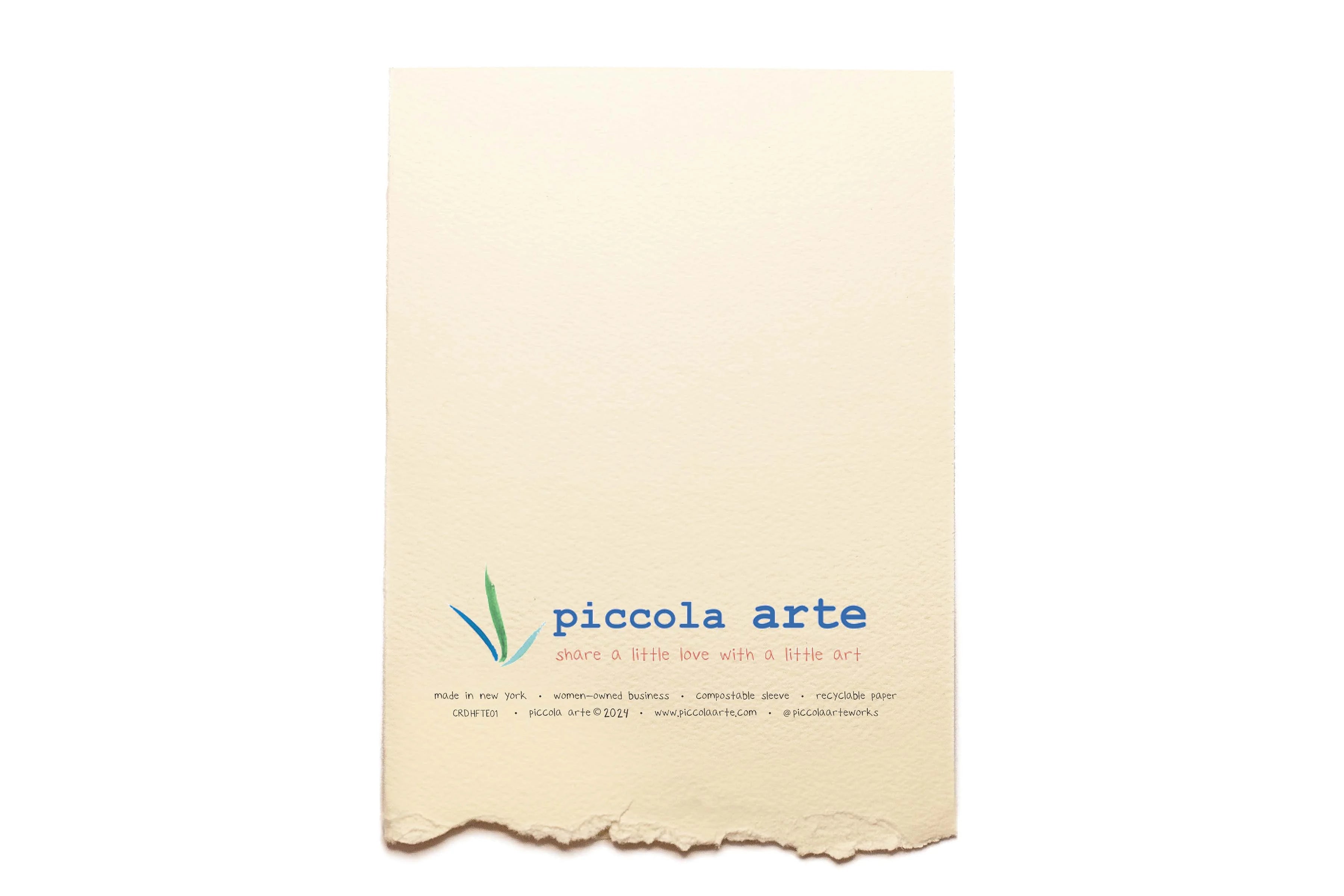 The back of a greeting card from piccola's arte.