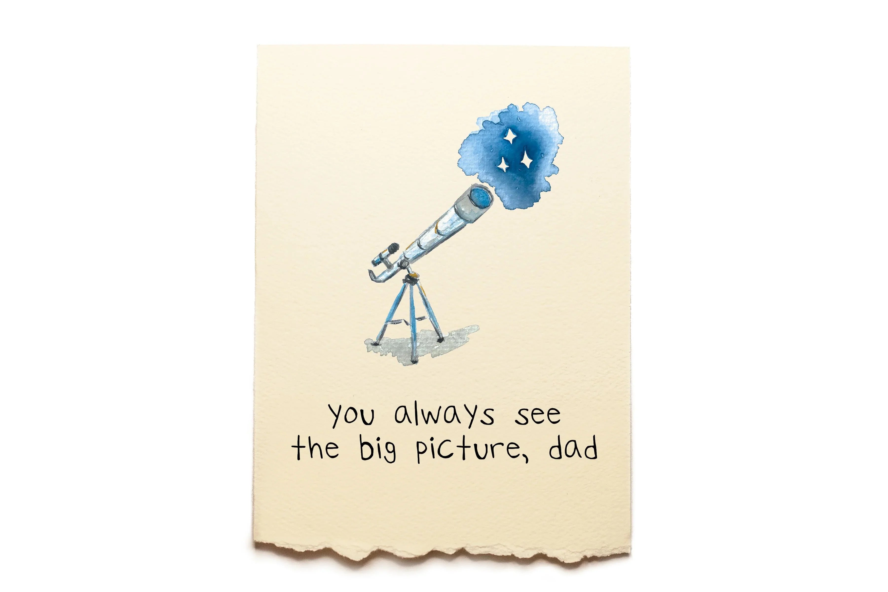 Card with a blue telescope and cloud, featuring the text 'you always see the big picture, dad' on a beige background.