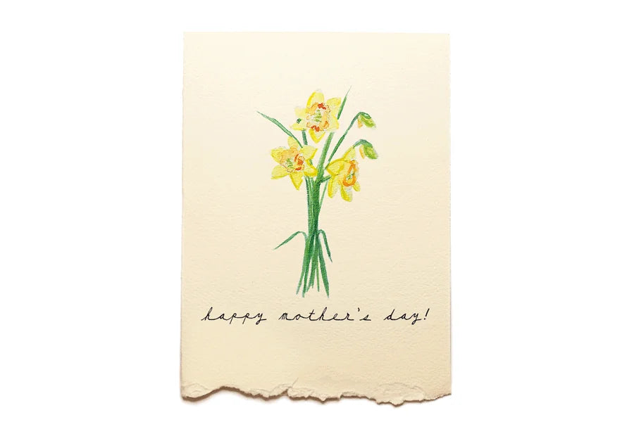 Card with yellow daffodils and 'happy mother's day!' text on a beige background