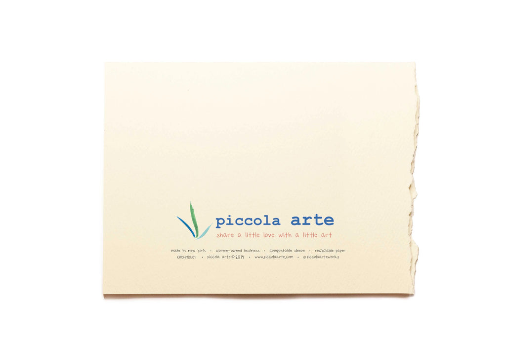 The back of a greeting card from piccola's arte.