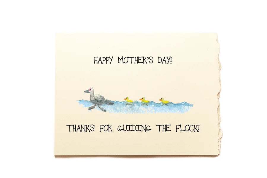 Mother's Day card with a duck and ducklings illustration on a white background