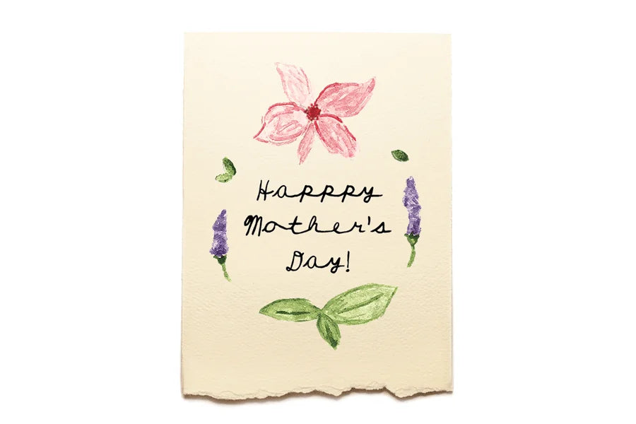 Handwritten 'Happy Mother's Day!' card with a pink butterfly and flowers on a beige background