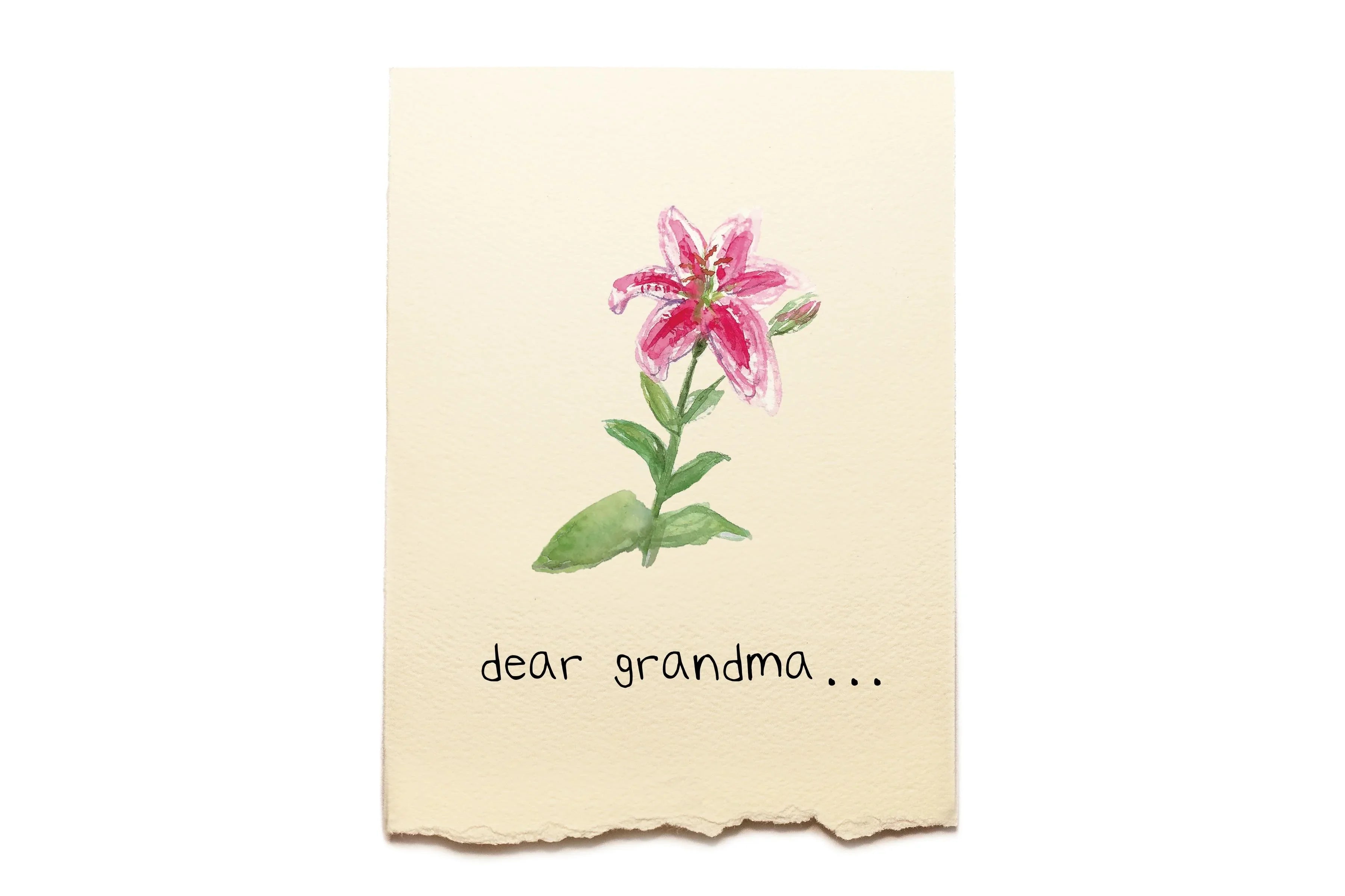 Note with a pink flower illustration and 'dear grandma' text on a beige background