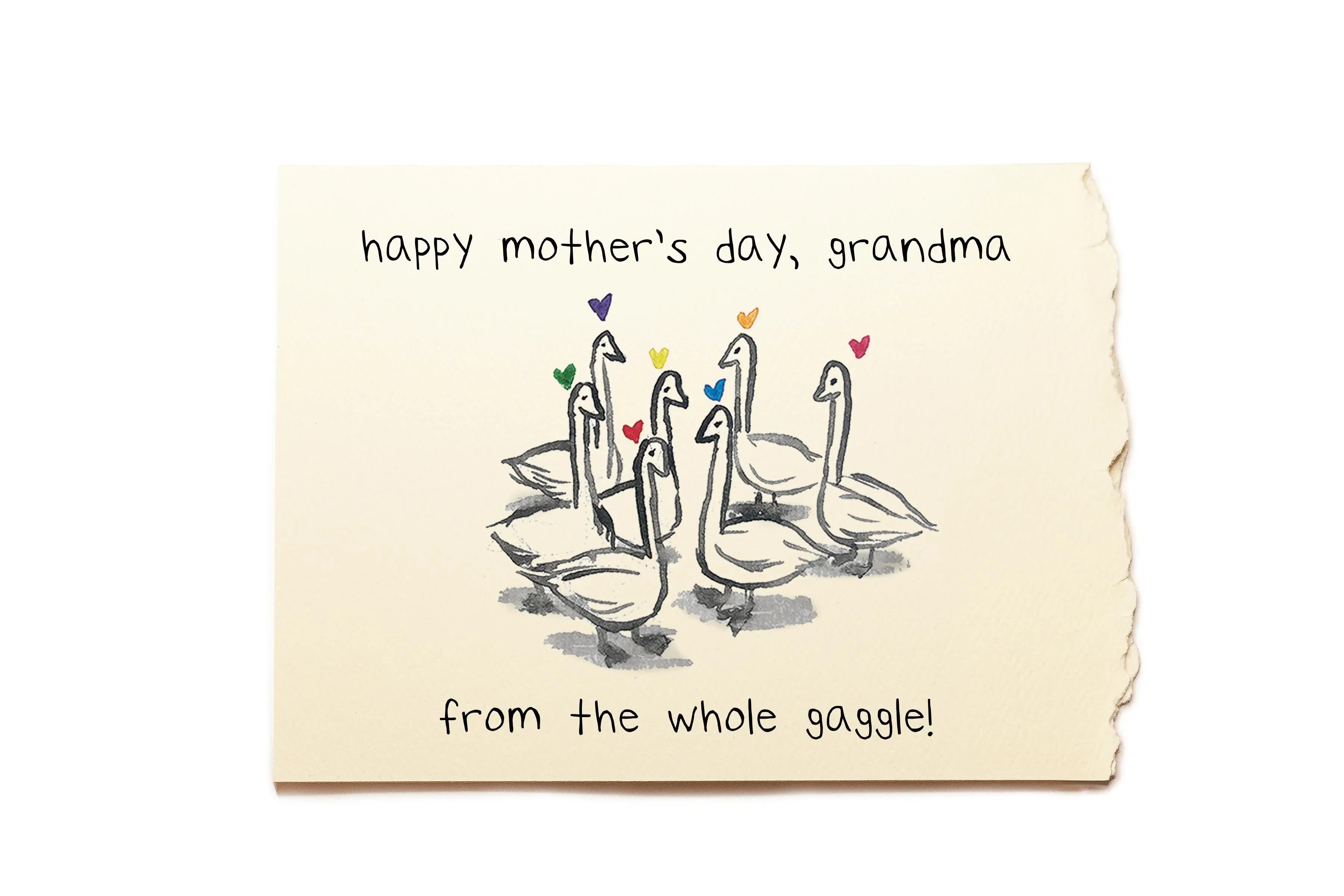 Greeting card with illustration of geese and text for Mother's Day to grandma