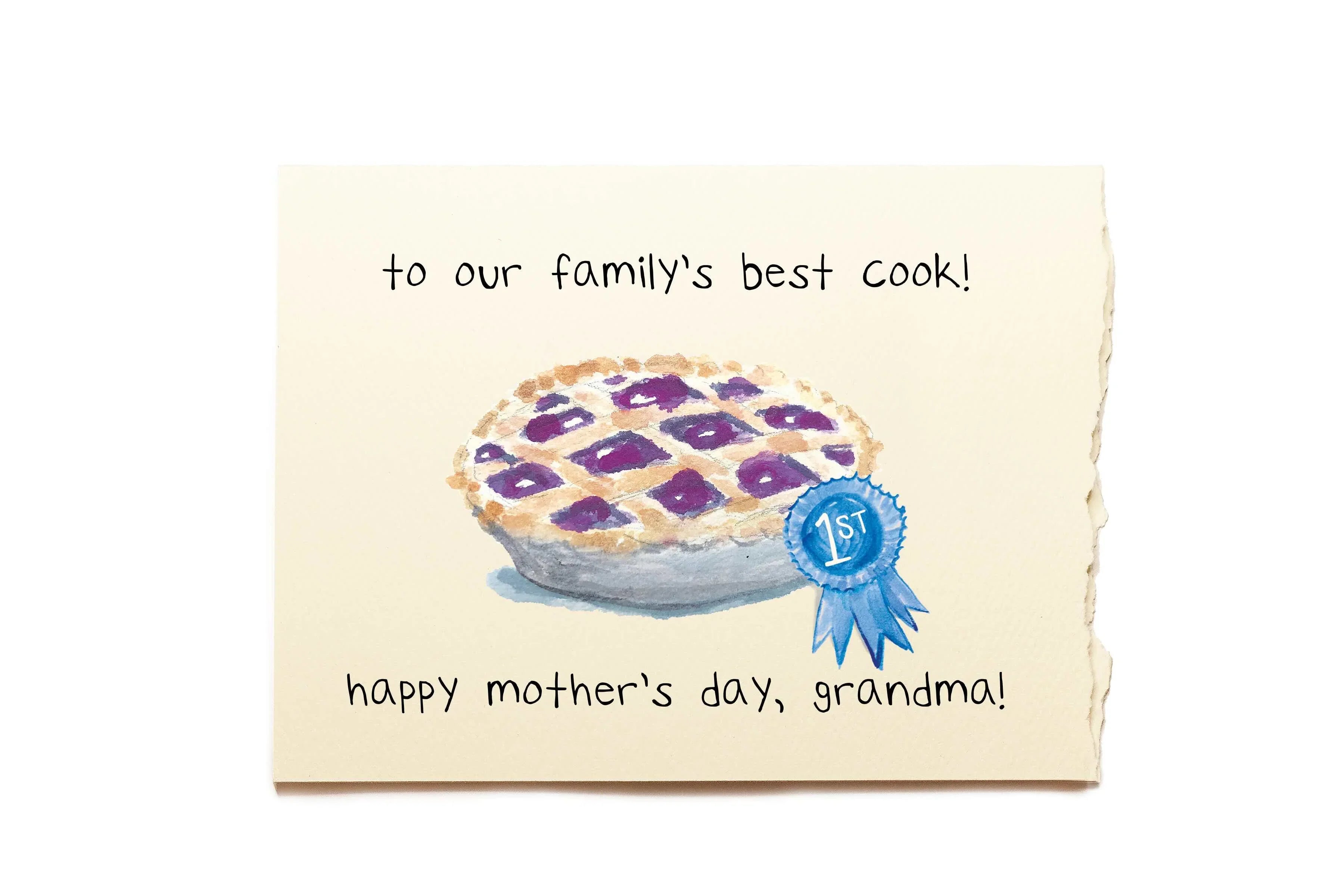 Card with a pie illustration and text for Mother's Day, featuring a blue ribbon.