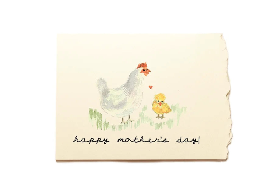 Card with illustration of a mother hen and chicks and 'Happy Mother's Day!' text on a beige background