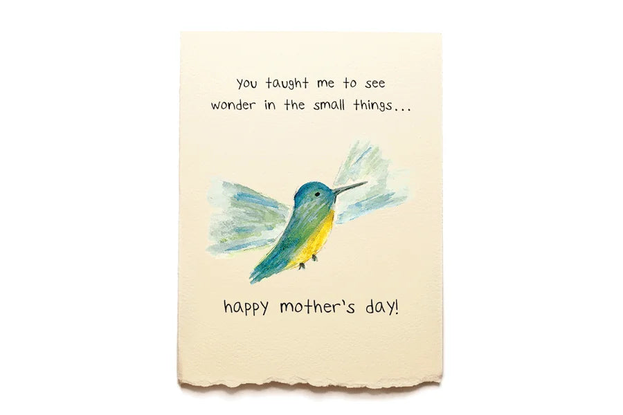 Card with a bird illustration and text on a beige background