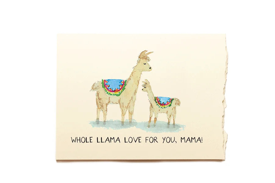 Card with llamas and text 'Whole Llama Love for You, Mama!' on a beige background