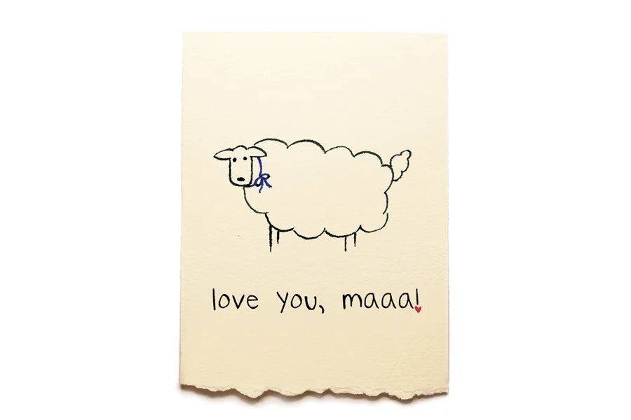 Card with a sheep illustration and 'love you, maaa!' text on a beige background
