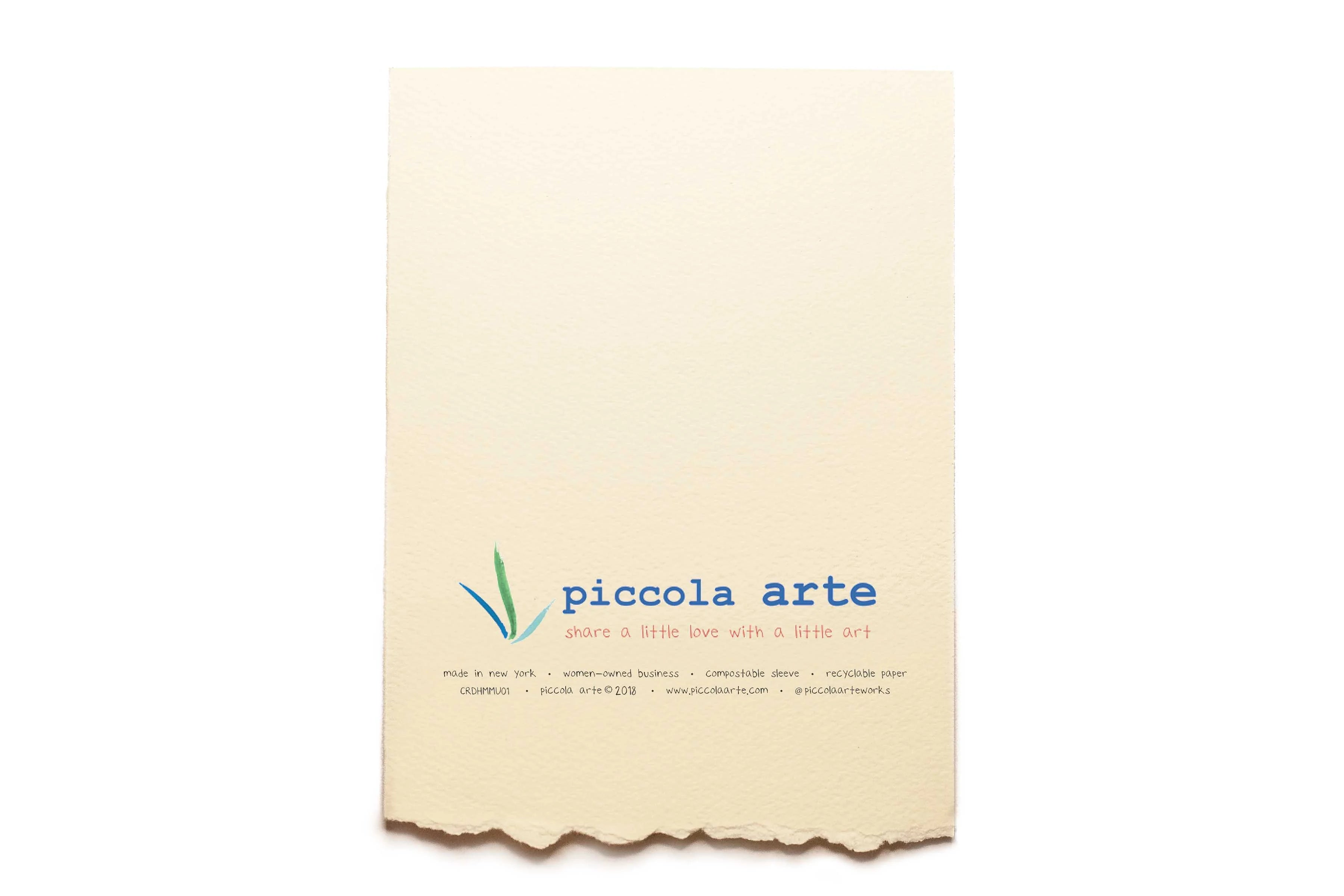 The back of a greeting card from piccola's arte.