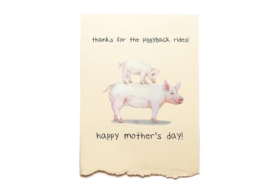 Card with two pigs and a humorous Mother's Day message on a beige background