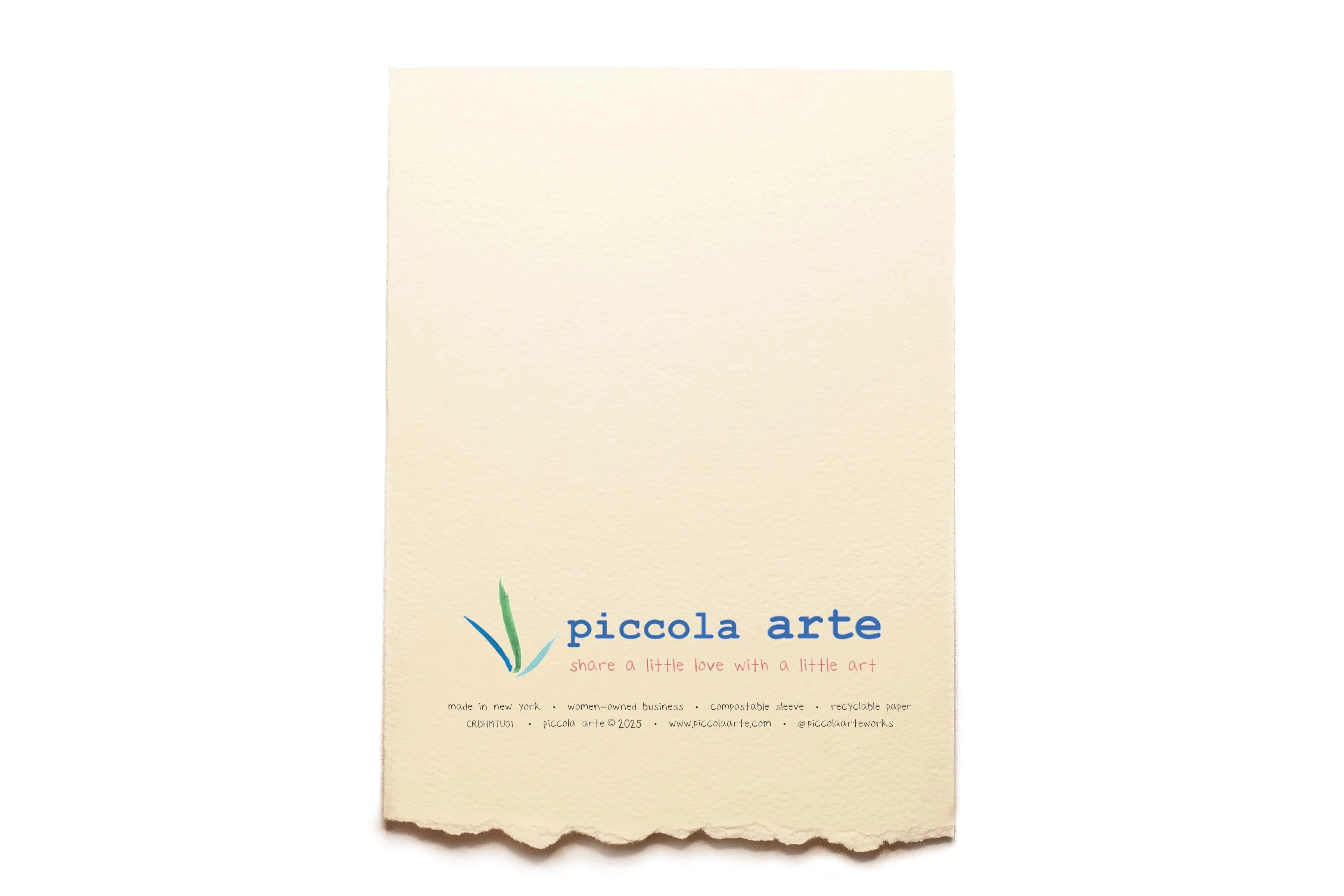 The back of a greeting card from piccola's arte.