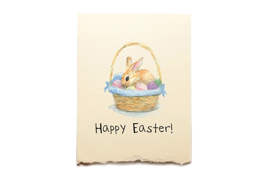 Easter card with a bunny in a basket and 'Happy Easter!' text on a beige background