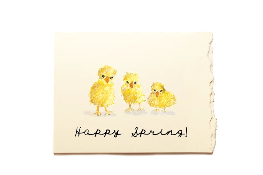 Card with three yellow chicks and 'Happy Spring!' text on a beige background
