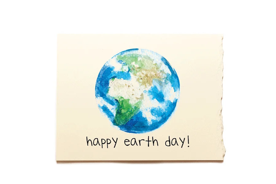 Happy earth day card, with the illustration of Earth in a beige canvas, made with watercolor.