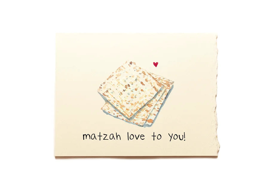 Card with matzah illustration and 'matzah love to you!' text on a beige background