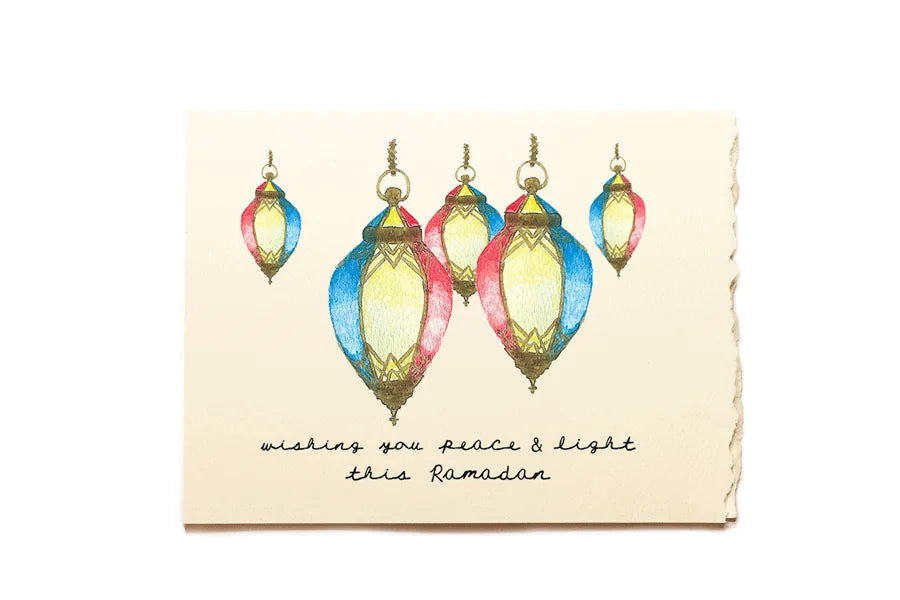 Card with colorful lanterns and Ramadan greeting on a beige background