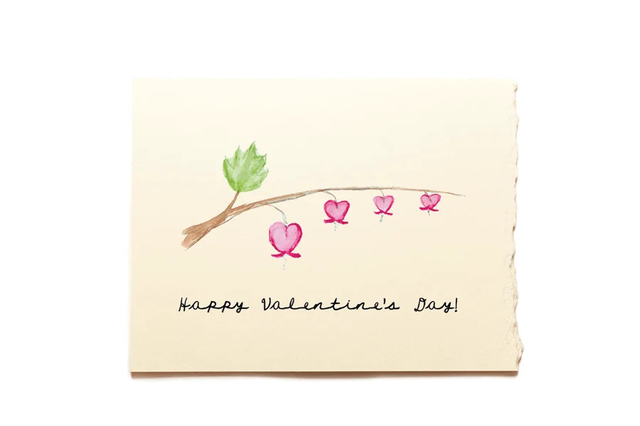Valentine's Day card with pink hearts and a branch on a beige background