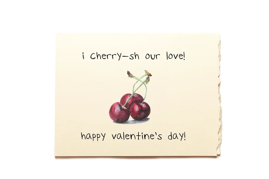 Valentine's Day card with cherries and text on a beige background