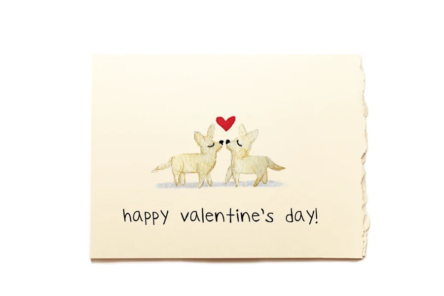 Valentine's Day card with two dogs and a heart on a beige background