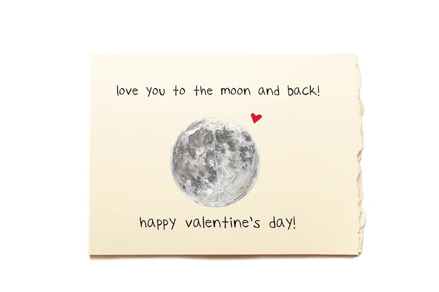 Valentine's Day card with moon illustration and text on beige background