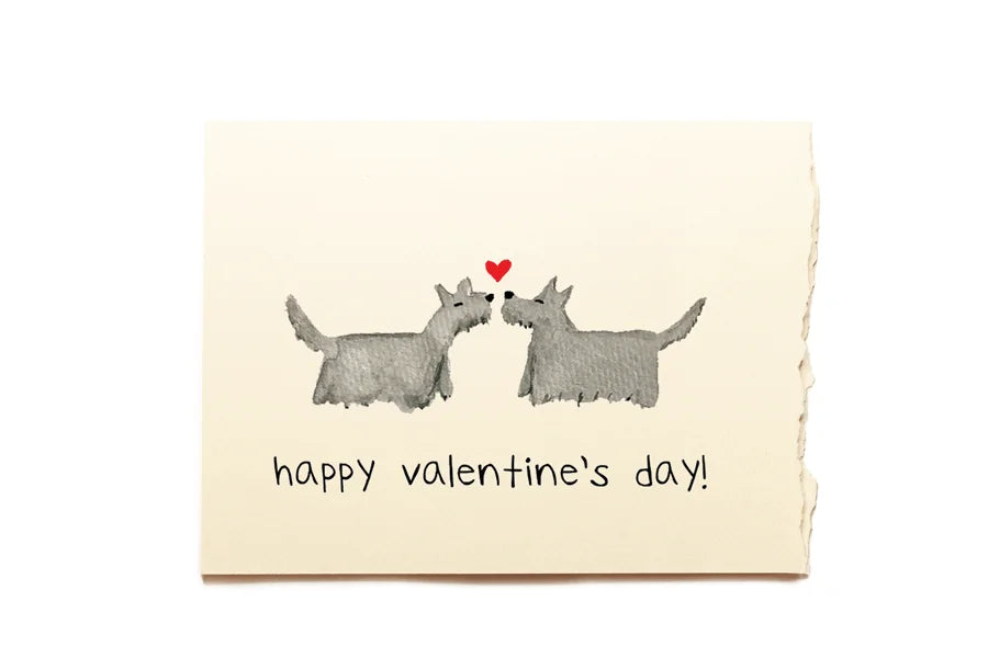 Valentine's Day card with two dogs and a heart on a beige background